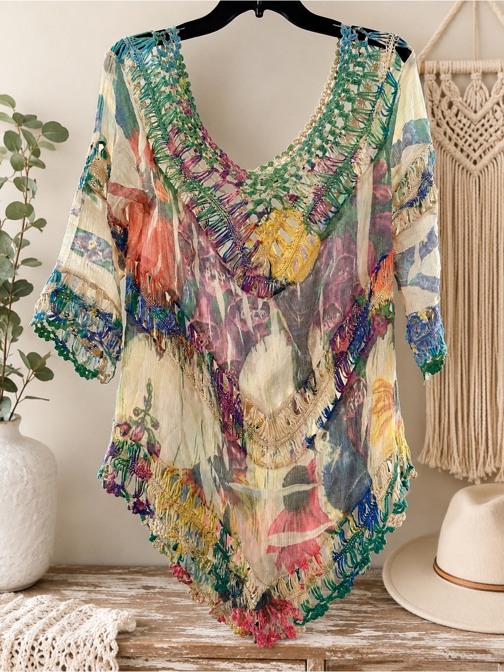 Adore Multicolor Crochet Fringe Top in Green, Purple, Cream